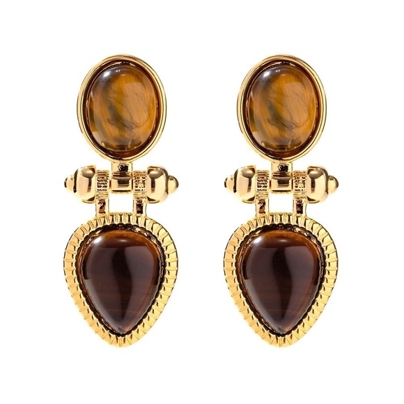 18K Gold Plated Natural Stone Tiger Eye Earrings - Picture 7 of 8